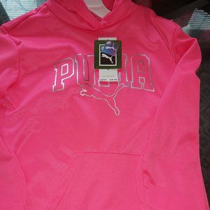 A hot pink pullover hoodie for girls ages 8-11.